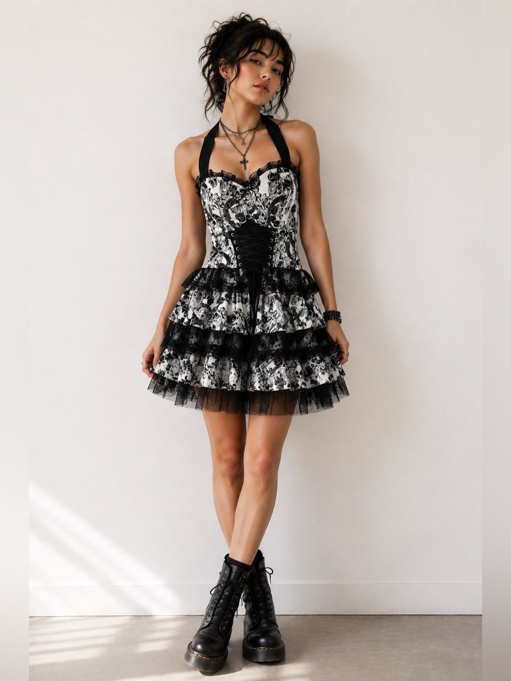 New Skull Corset Dress Gothic Lace Tulle Ruffle Mini Dress Size 10